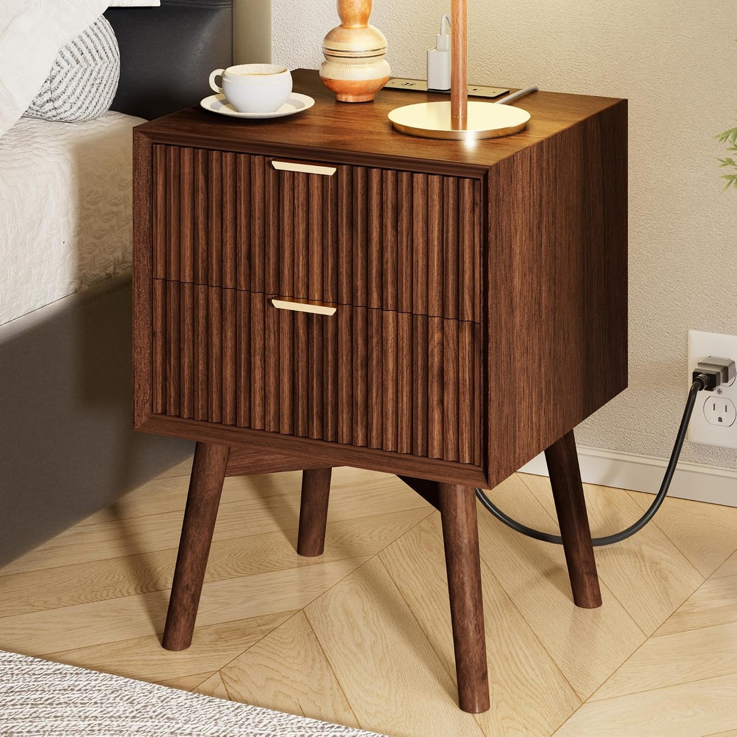Modern Fluted Nightstand with Charging Station & 2 Drawers