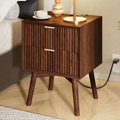 Modern Fluted Nightstand with Charging Station & 2 Drawers
