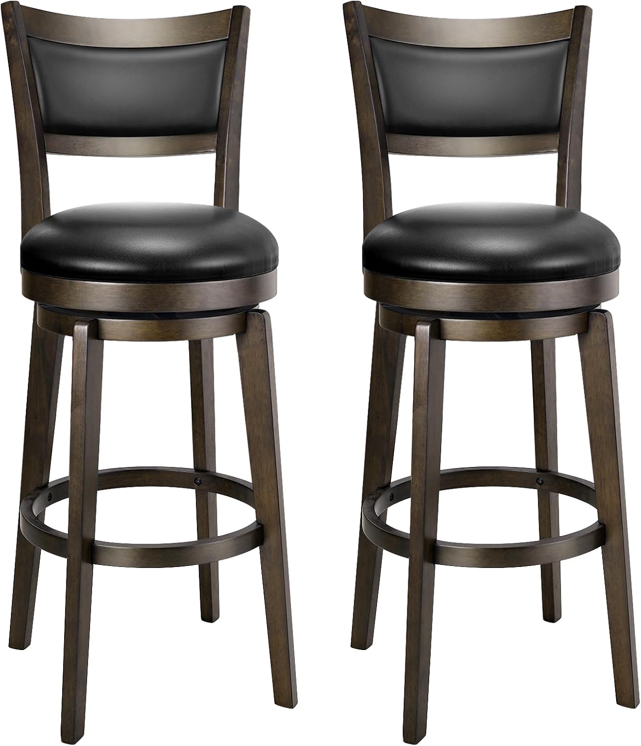 Swivel Counter Height Bar Stools Black Faux Leather Wood Set of 2
