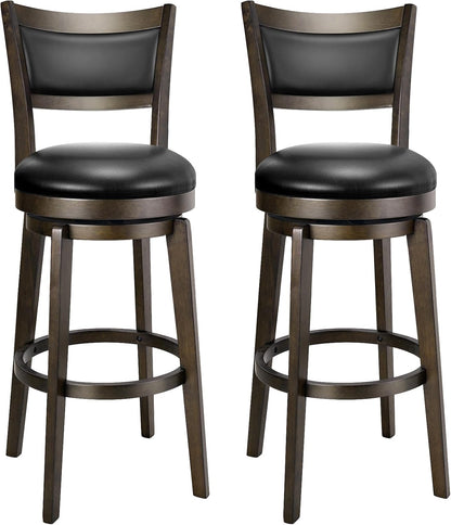 Swivel Counter Height Bar Stools Black Faux Leather Wood Set of 2