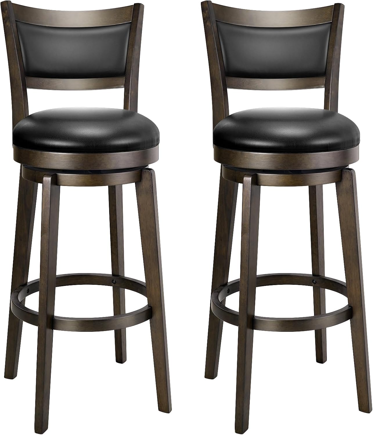 Swivel Counter Height Bar Stools Black Faux Leather Wood Set of 2
