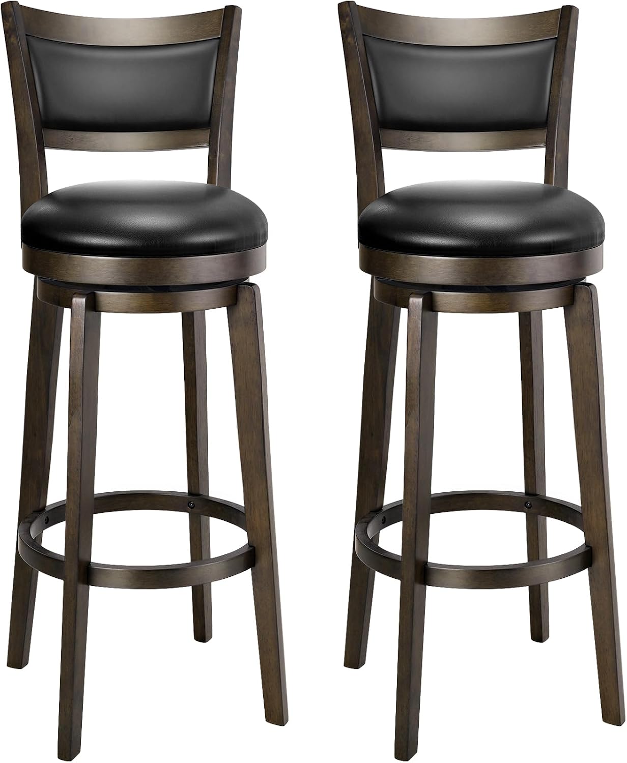 Swivel Counter Height Bar Stools Black Faux Leather Wood Set of 2