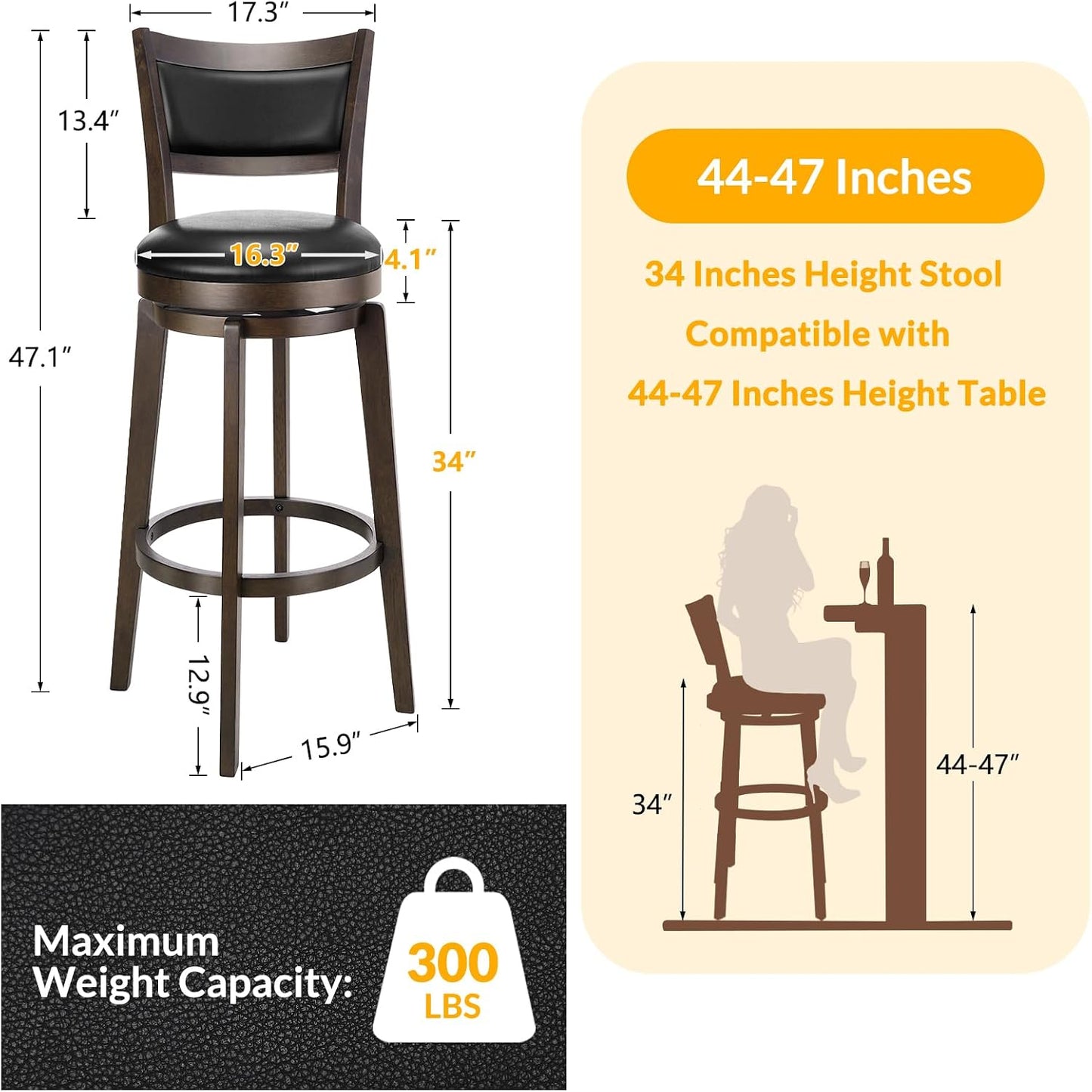 Swivel Counter Height Bar Stools Black Faux Leather Wood Set of 2