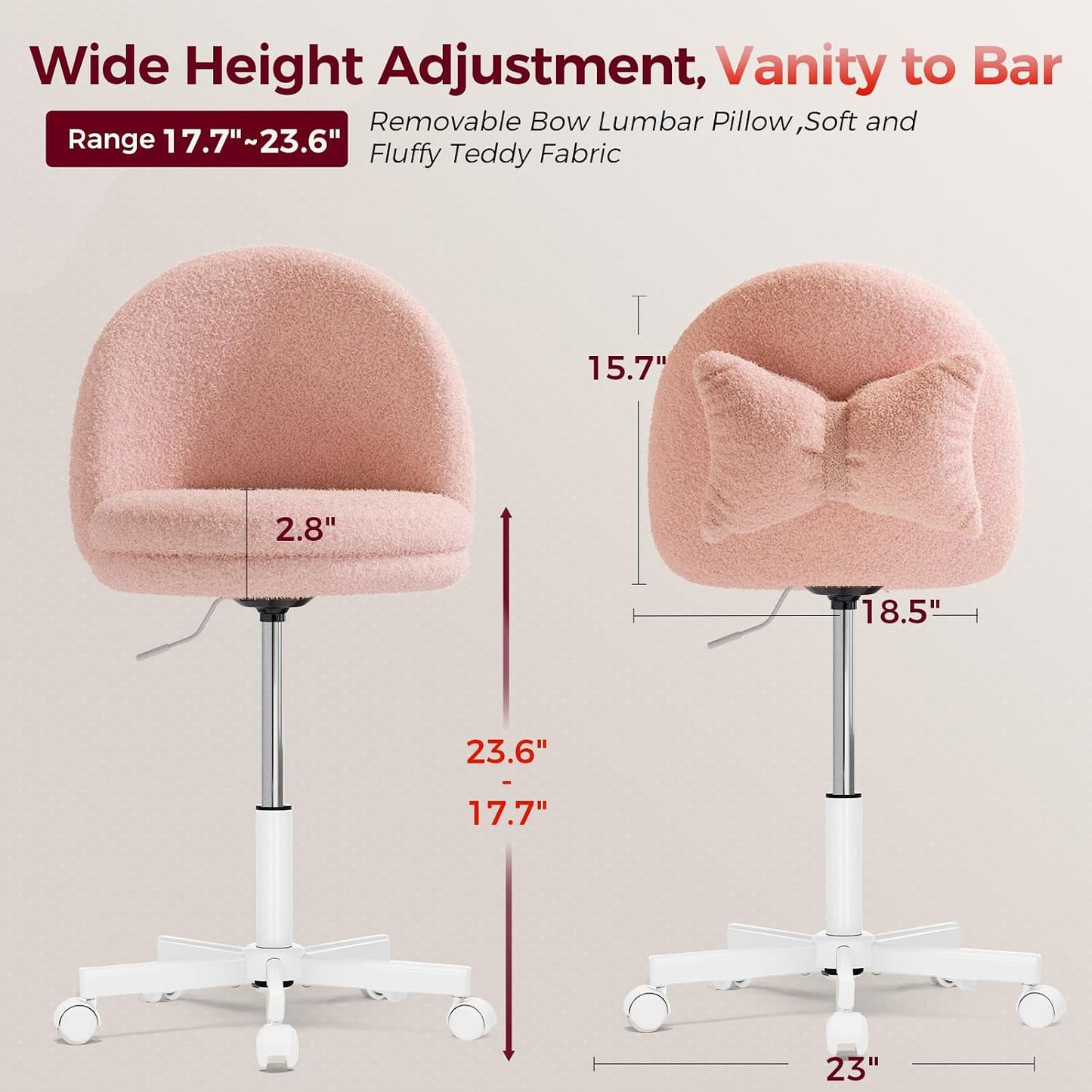Pink Velvet Vanity Chair Adjustable Swivel Rolling Desk Chair with Lumbar Pillow