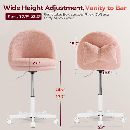 Pink Velvet Vanity Chair Adjustable Swivel Rolling Desk Chair with Lumbar Pillow