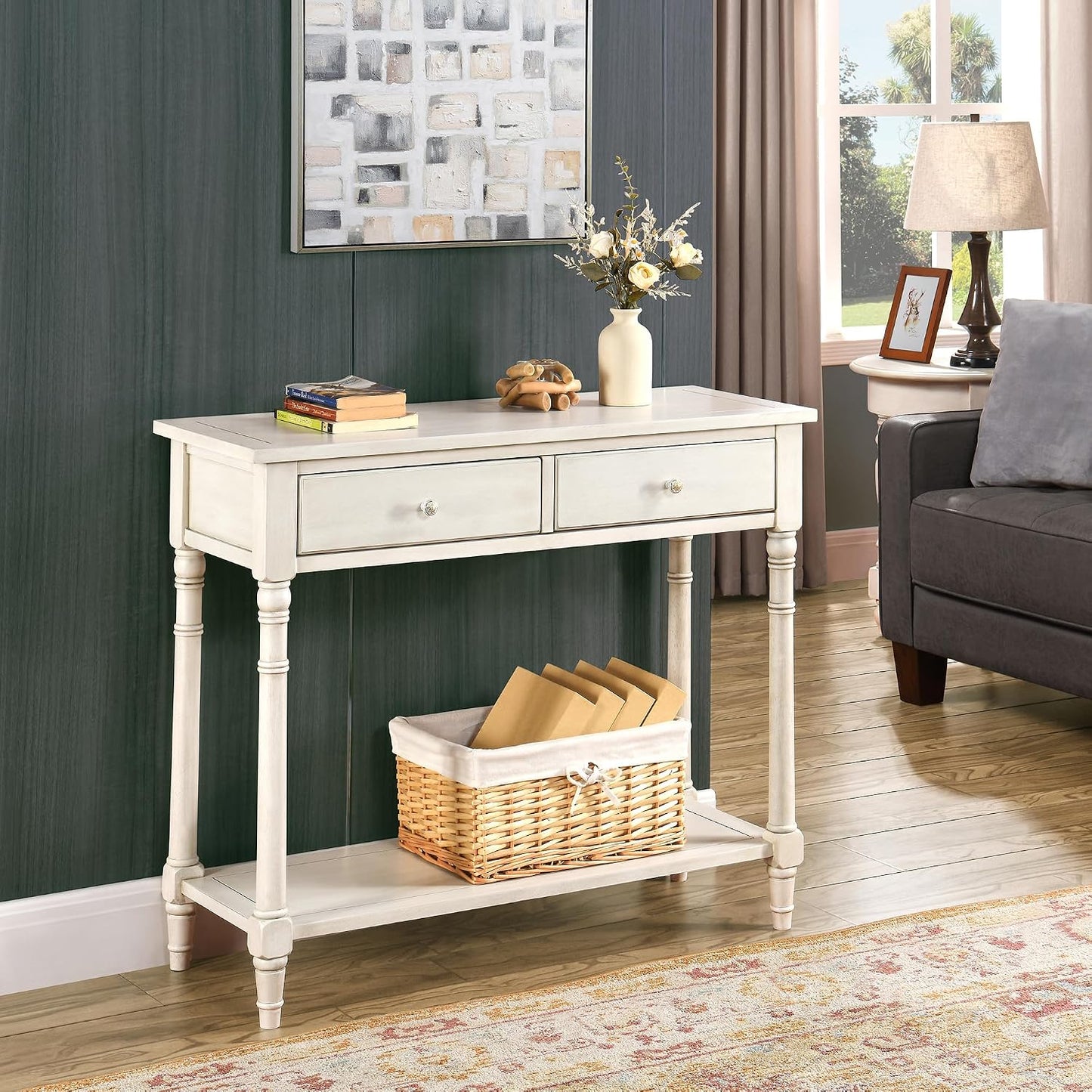Solid Wood Console Table with 2 Drawers Black Narrow Entryway Table