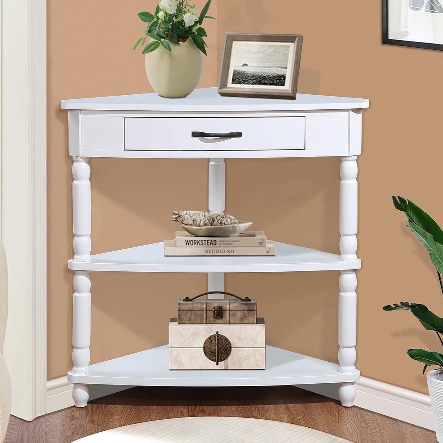 Wood Triangle Corner Table with Drawer and 2 Storage Shelves Navy Blue