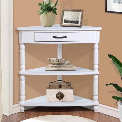 Wood Triangle Corner Table with Drawer and 2 Storage Shelves Navy Blue