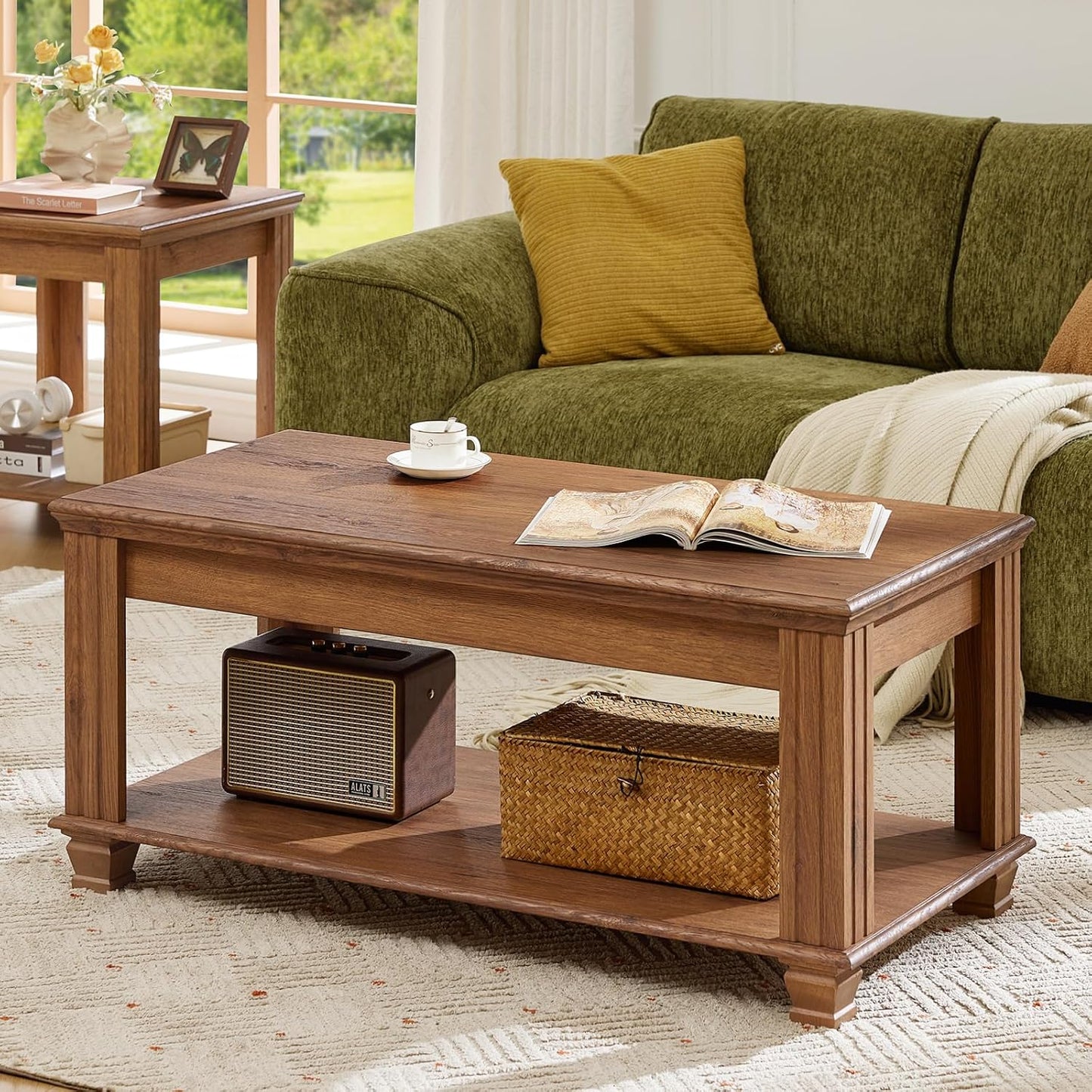 Farmhouse Walnut Coffee Table with Open Storage Shelf Rustic Wood Center Table
