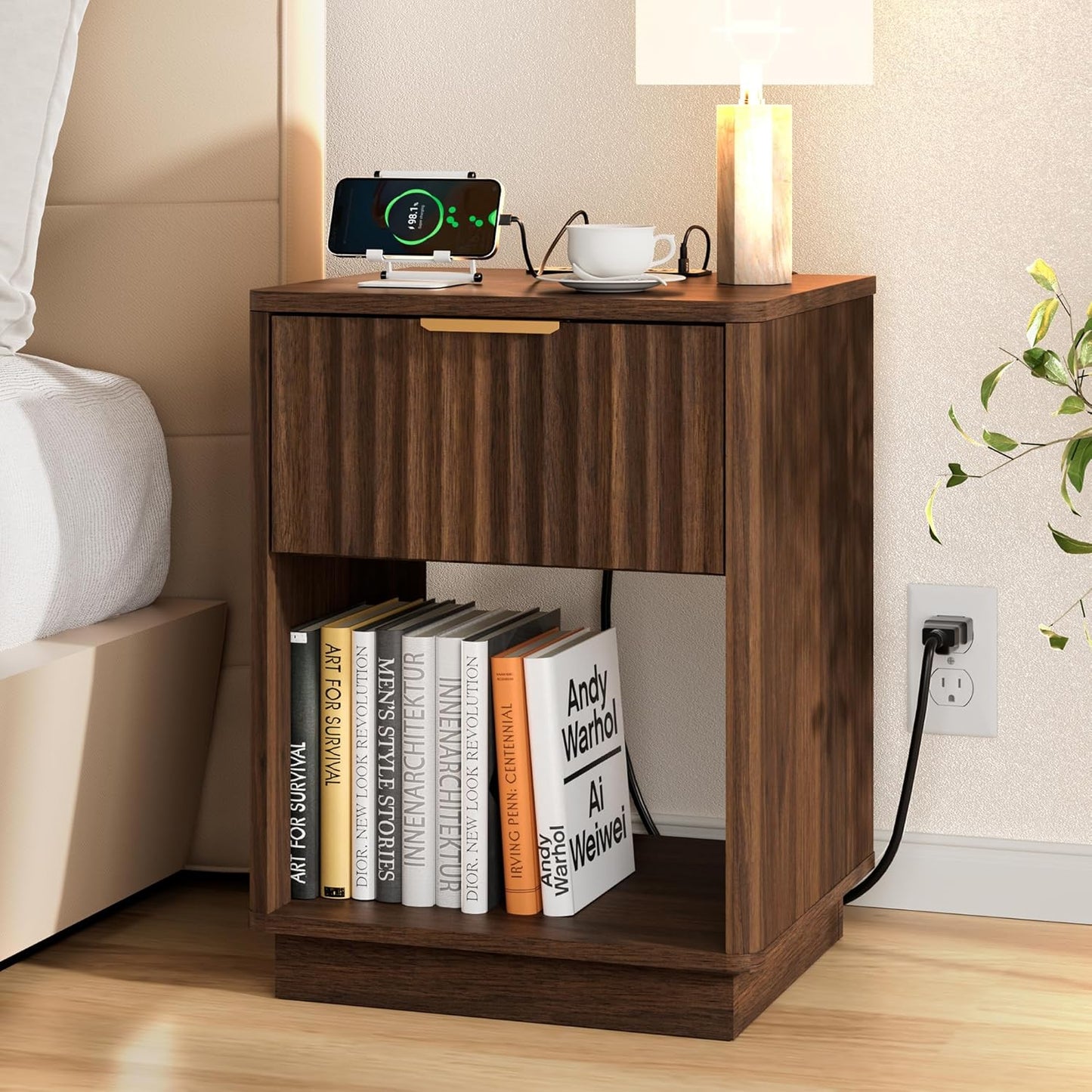 Modern Fluted Nightstand with Charging Station – Natural Oak Bedside Table