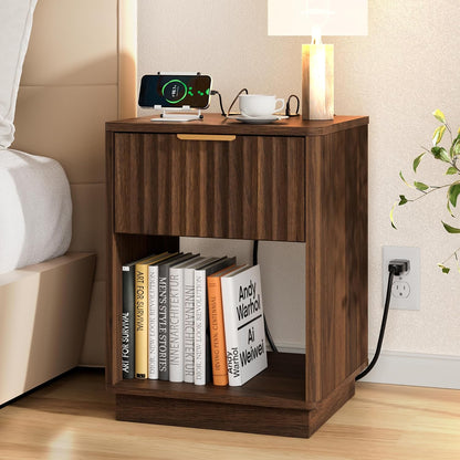 Modern Fluted Nightstand with Charging Station – Natural Oak Bedside Table