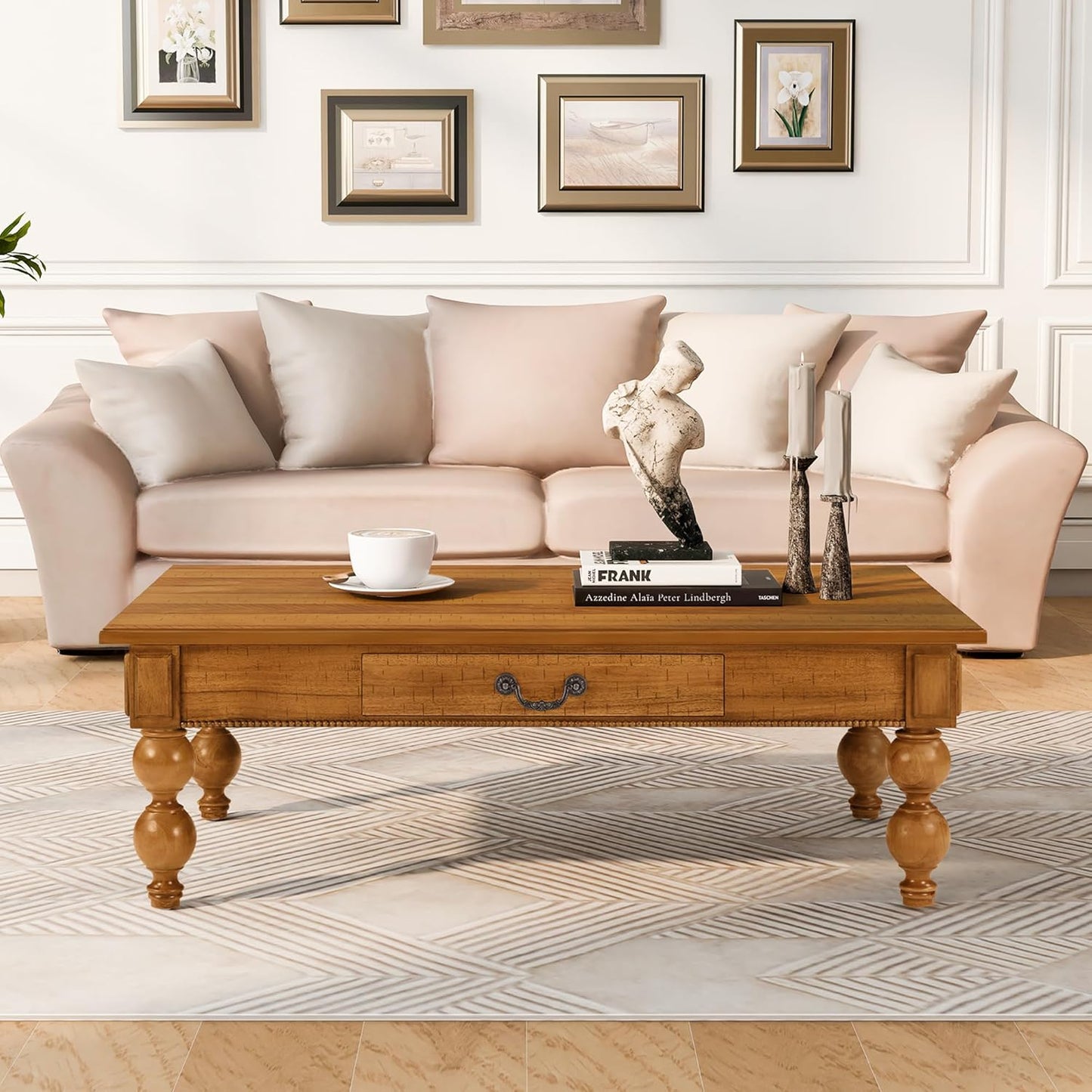 Traditional Walnut Coffee Table with Drawer Rustic Farmhouse Wood Living Room Table