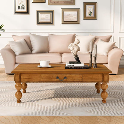 Traditional Walnut Coffee Table with Drawer Rustic Farmhouse Wood Living Room Table