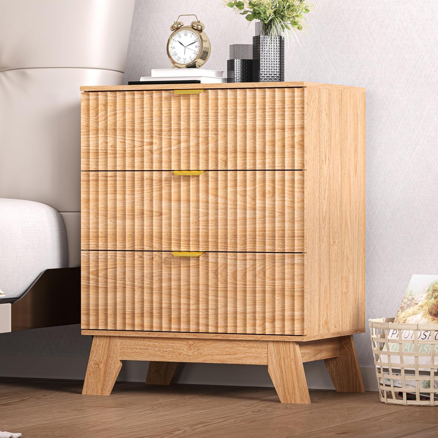 White Fluted Nightstand with 3 Drawers Modern Wide Bedside Table