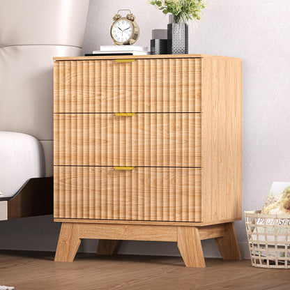 White Fluted Nightstand with 3 Drawers Modern Wide Bedside Table