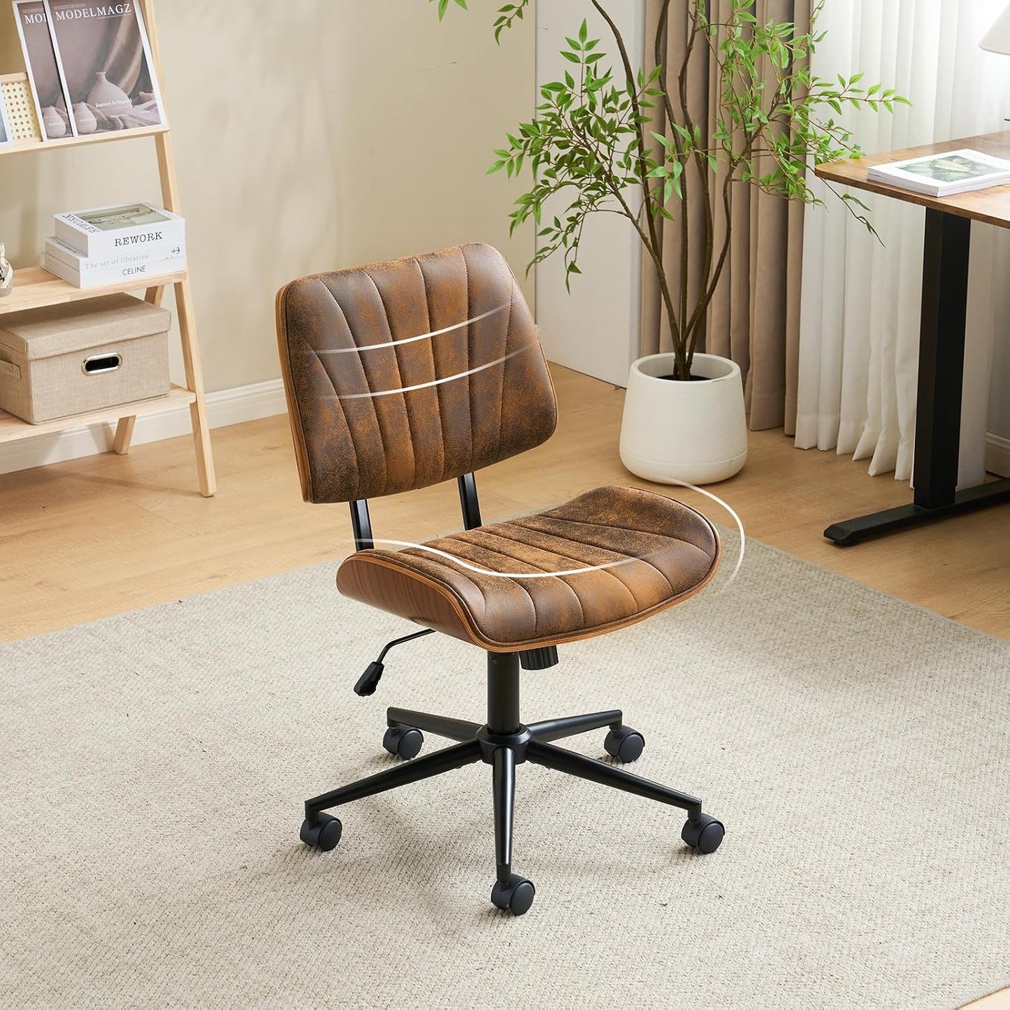 Walnut Office Chair Black PU Leather Adjustable Swivel Rolling Desk Chair