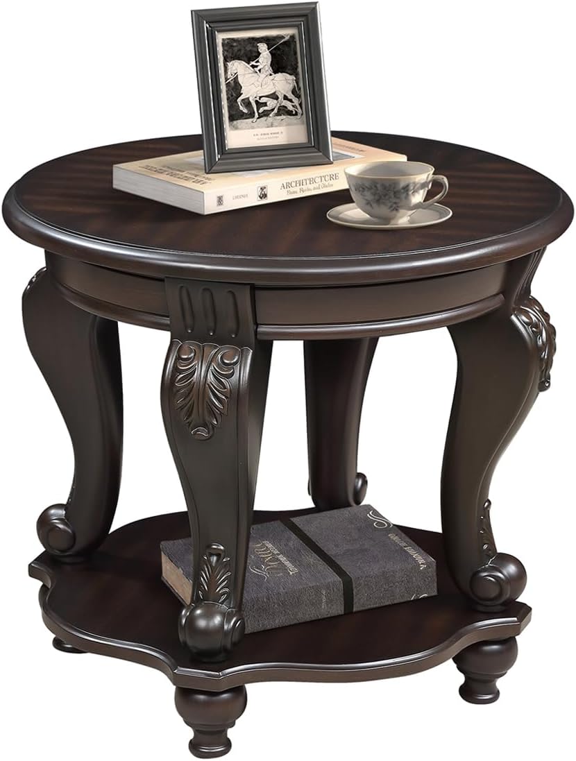 Round End Table Antique Natural Victorian Carved Side Table with Storage Shelf