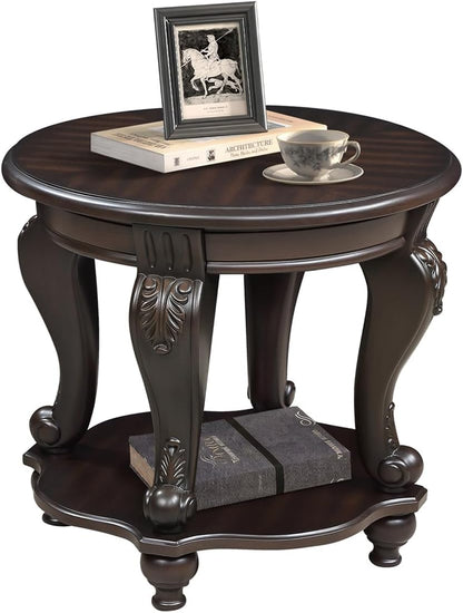 Round End Table Antique Natural Victorian Carved Side Table with Storage Shelf