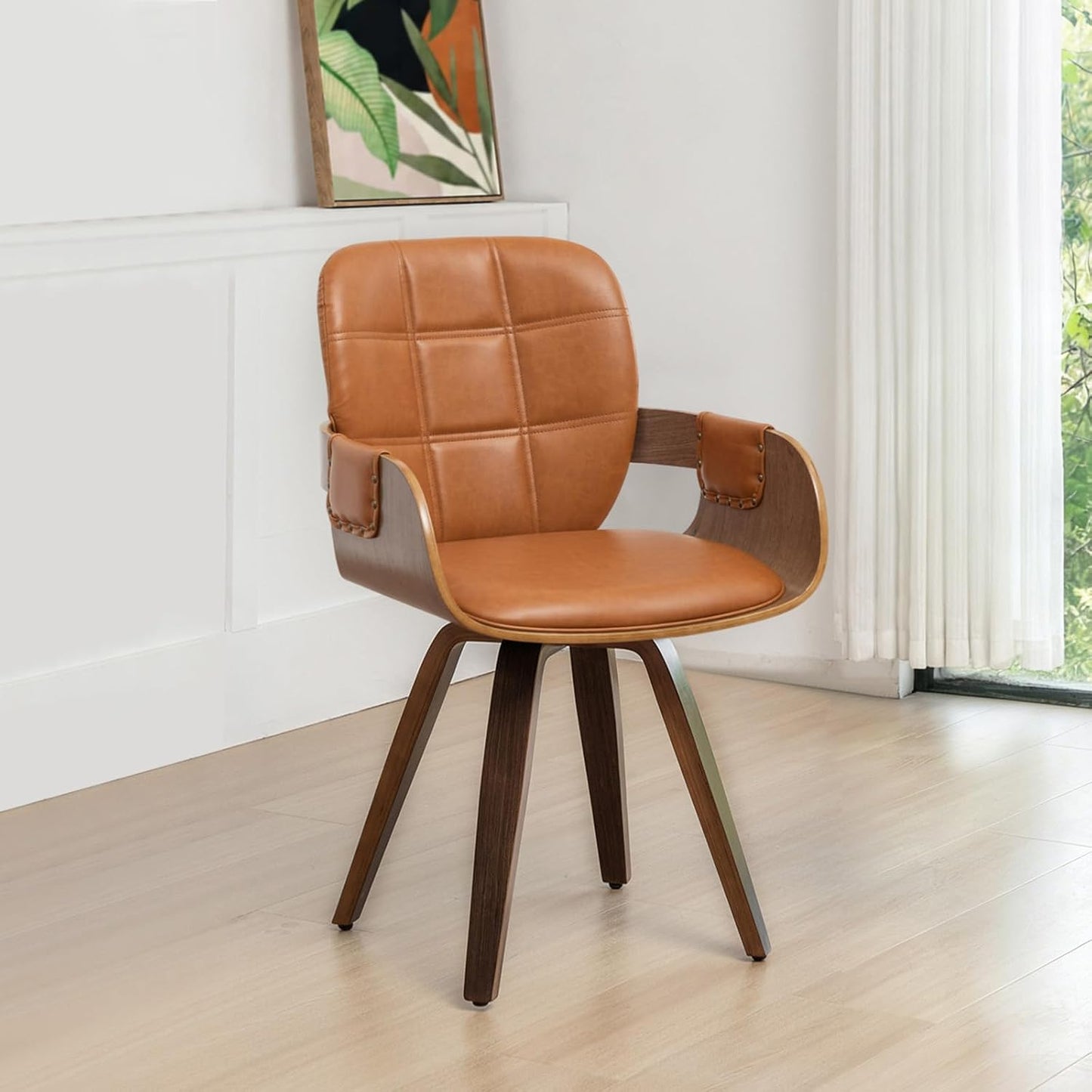 Walnut Brown Swivel Dining Chair with Arms Faux Leather Mid Century Chair