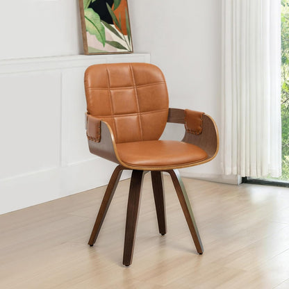 Walnut Brown Swivel Dining Chair with Arms Faux Leather Mid Century Chair