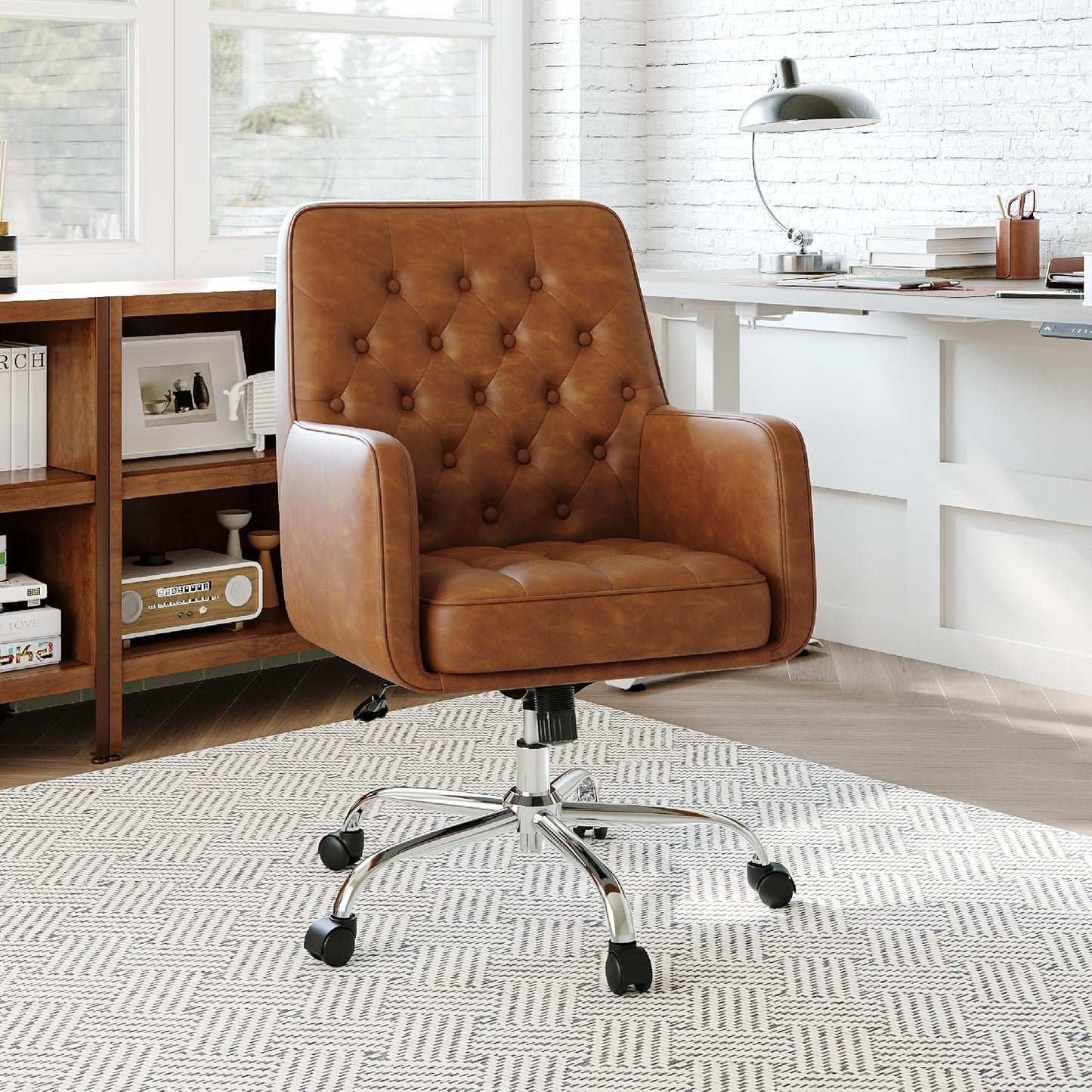 Khaki Leather Office Chair Tufted Adjustable Swivel Desk Chair with Arms