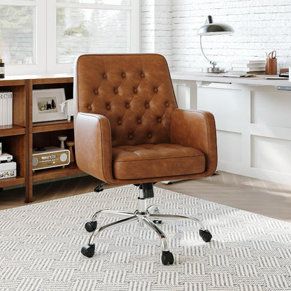 Khaki Leather Office Chair Tufted Adjustable Swivel Desk Chair with Arms