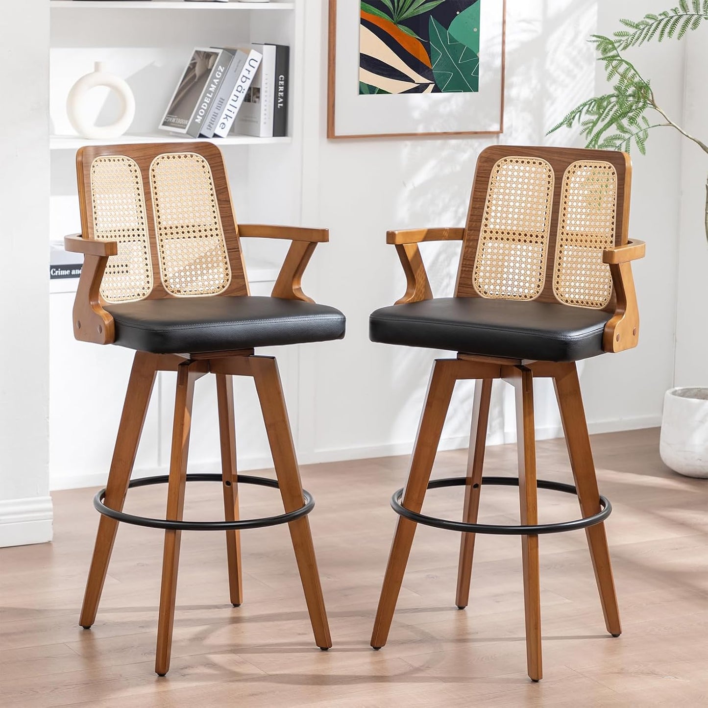 Walnut Rattan Swivel Bar Stools with Arms Beige Upholstered Seat Set of 2