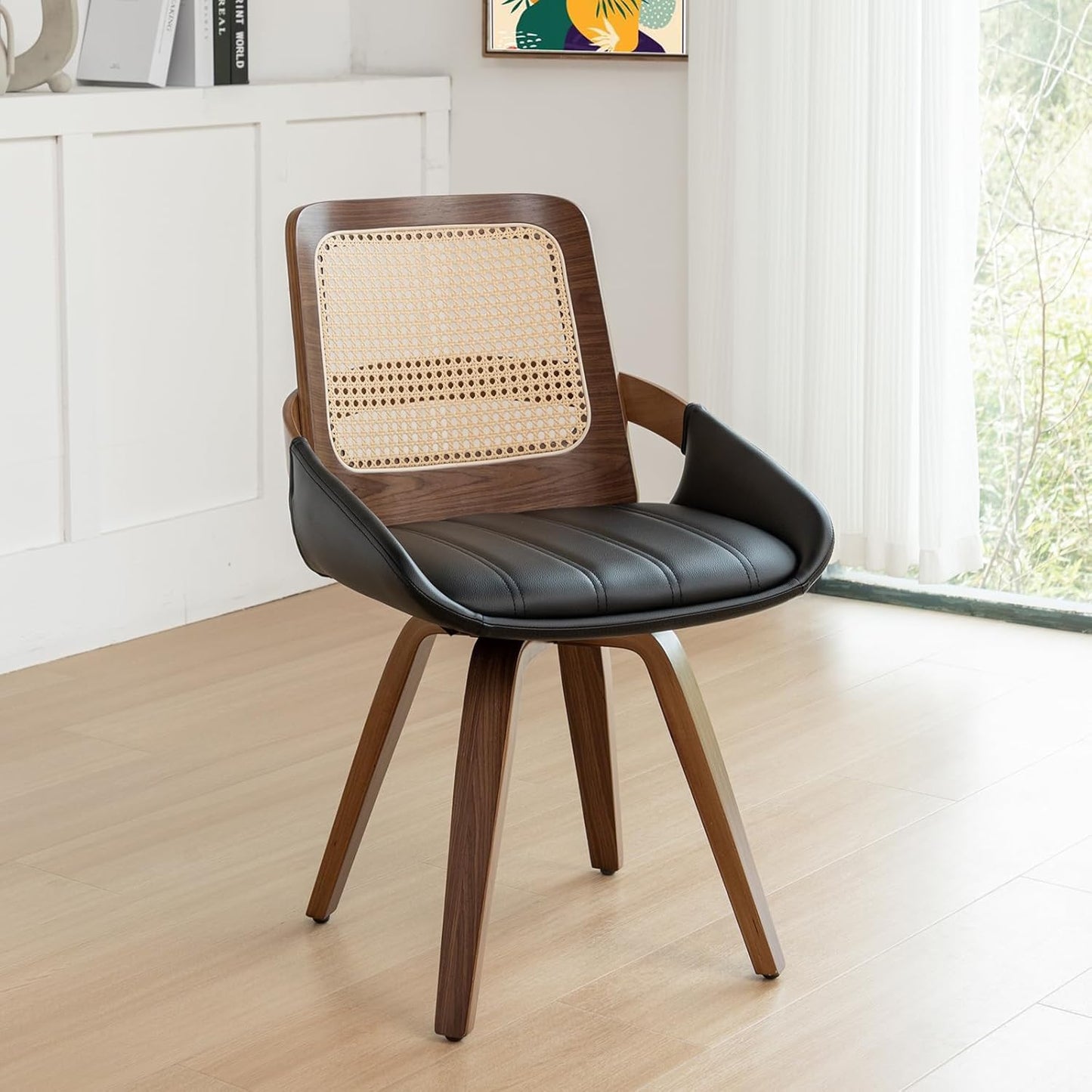 Walnut Cane Swivel Dining Chairs with Arms Black Faux Leather Set of 2