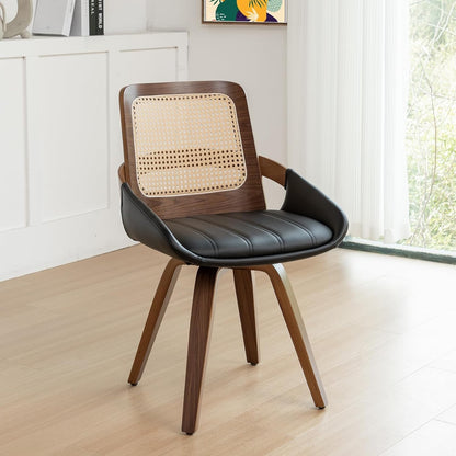 Walnut Cane Swivel Dining Chairs with Arms Black Faux Leather Set of 2