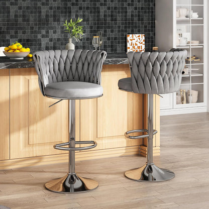 Black Velvet Swivel Bar Stools with Tufted Back Adjustable Height Set of 2