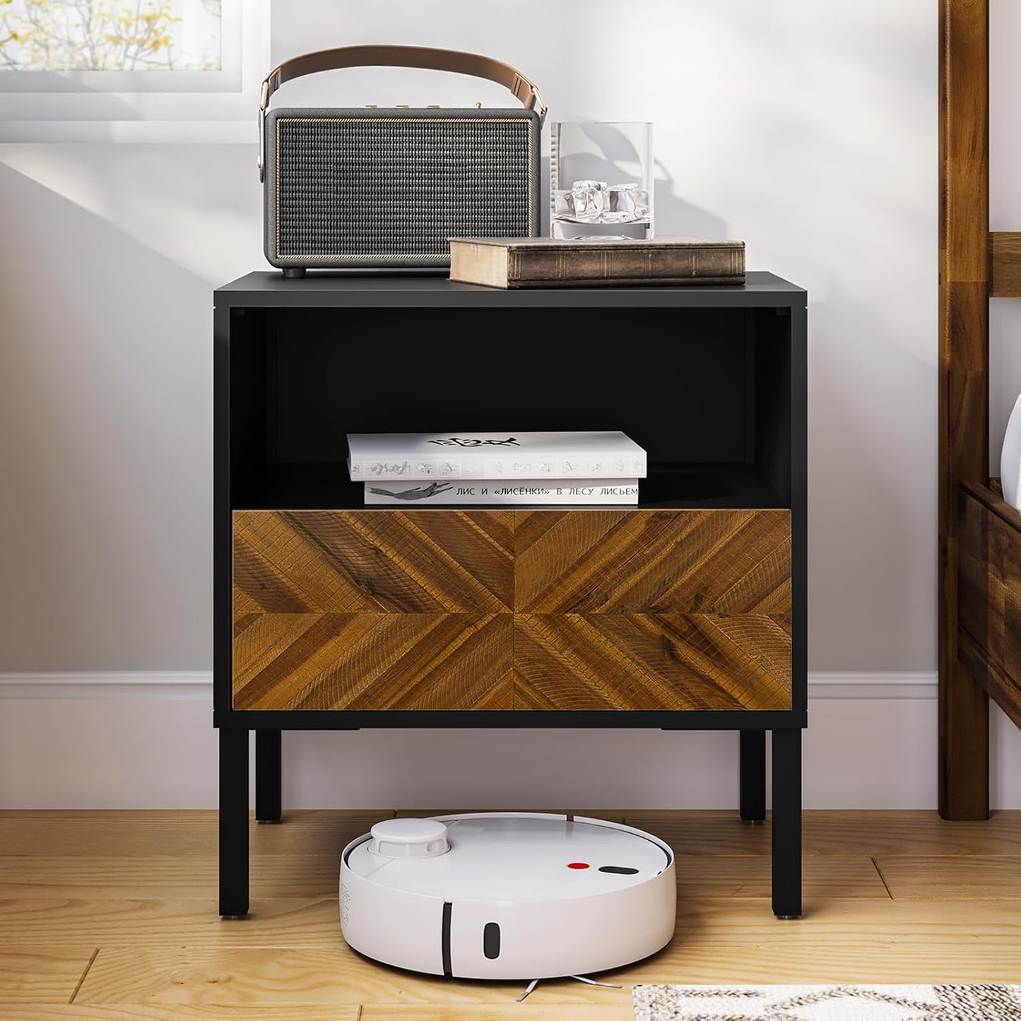 Solid Wood Herringbone Nightstand with Drawer & Open Shelf