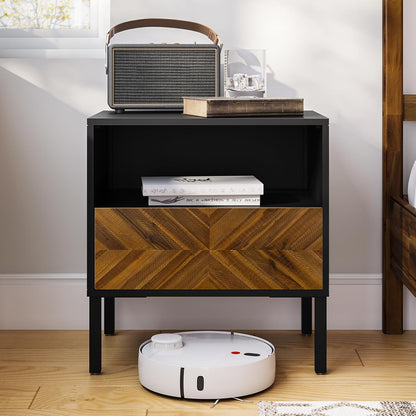 Solid Wood Herringbone Nightstand with Drawer & Open Shelf