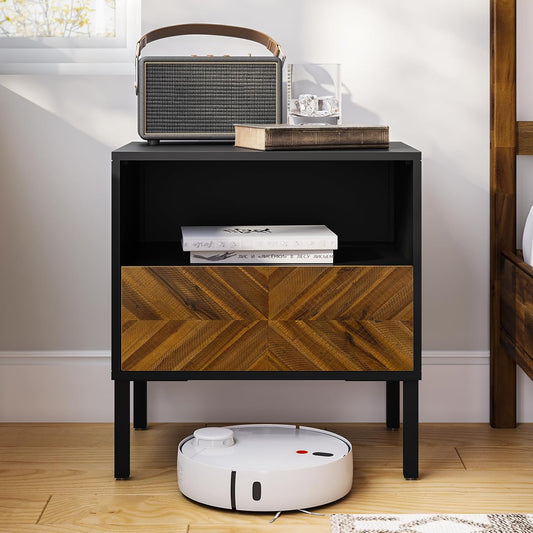 Solid Wood Herringbone Nightstand with Drawer & Open Shelf