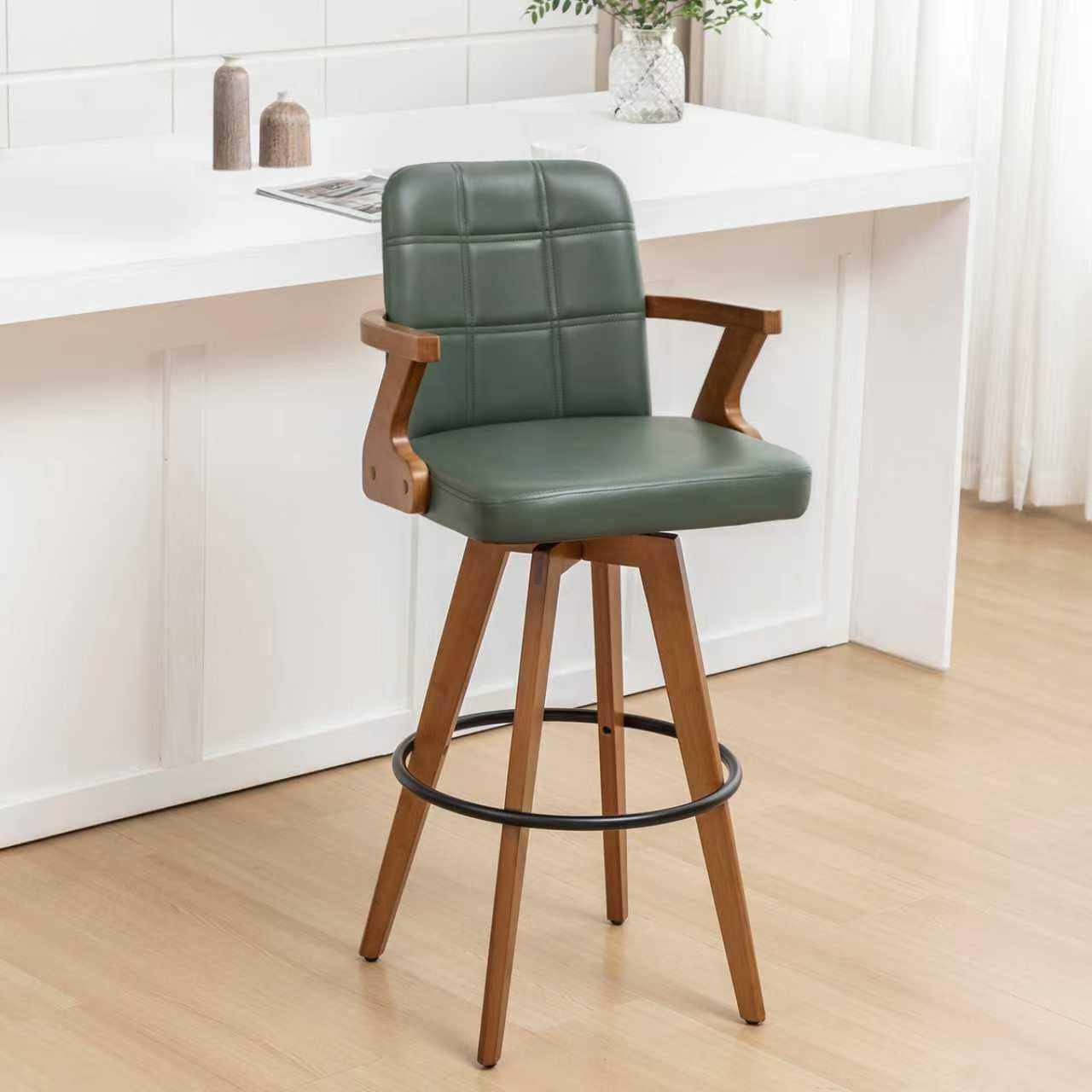 Walnut Black Swivel Counter Stool with Arms Mid Century Upholstered Bar Chair