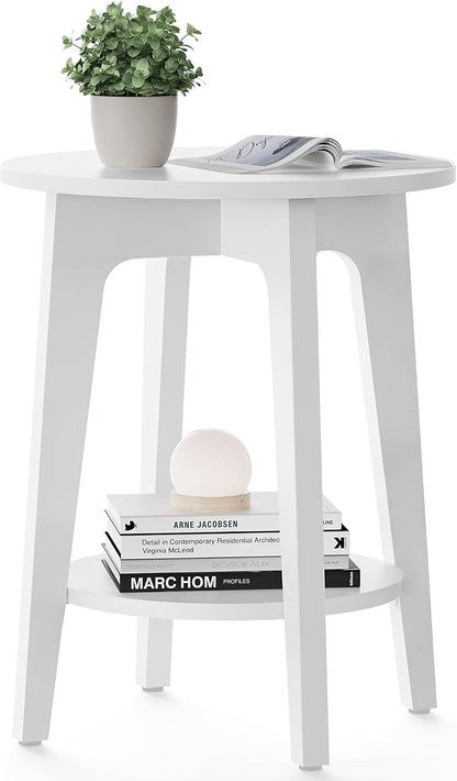 Round Wood Side Table with Lower Shelf Mid Century End Table
