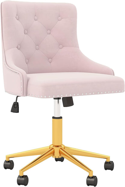 Beige Velvet Swivel Desk Chair Tufted Vanity Chair with Gold Base and Wheels