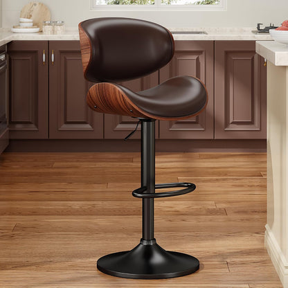 Adjustable Swivel Bar Stool Black PU Leather Walnut Bentwood Counter Chair