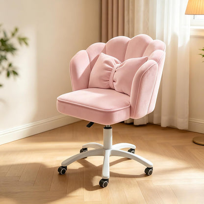 Purple Velvet Petal Vanity Chair Swivel Rolling Desk Chair with Bow Cushion