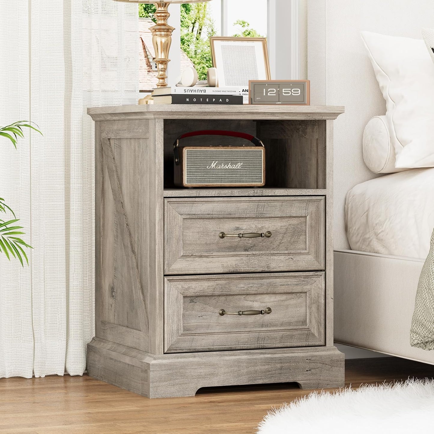 Farmhouse Nightstand with Charging Station 2 Drawers Off White Bedside Table
