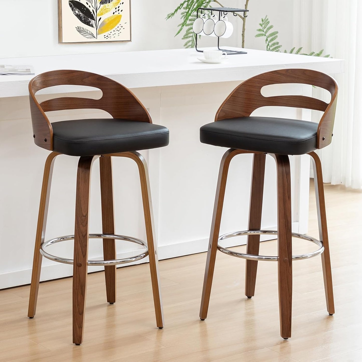 Walnut Green Swivel Counter Stool with Faux Leather Seat Mid Century Bar Chair