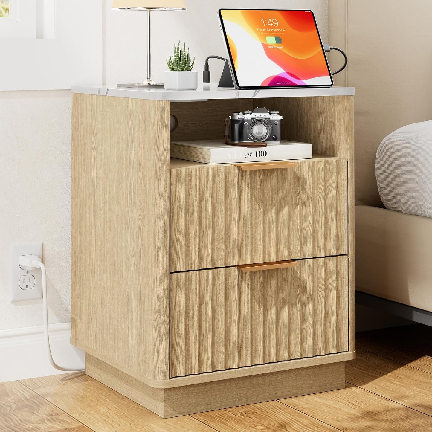 Modern Fluted 2-Drawer Nightstand with Charging Station – Natural Oak