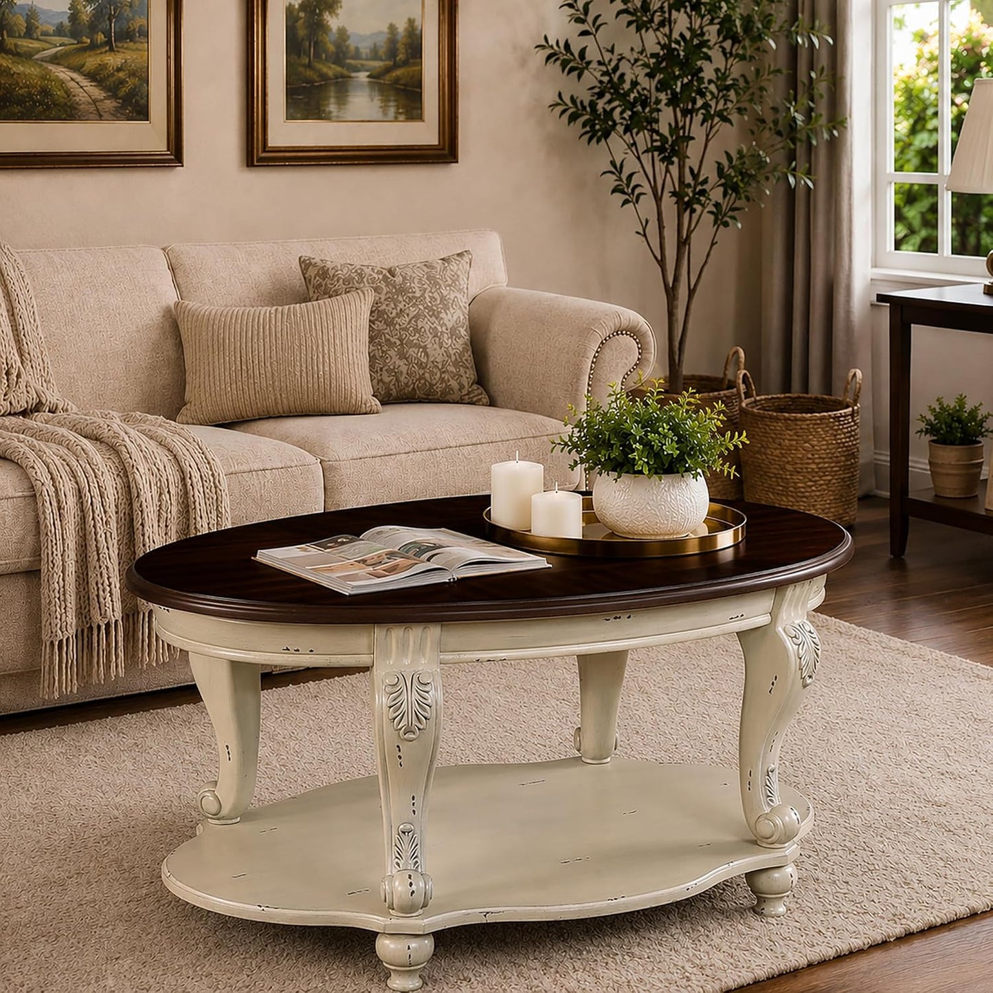 Oval Coffee Table with Storage Victorian Carved Wood 2 Tier Living Room Table
