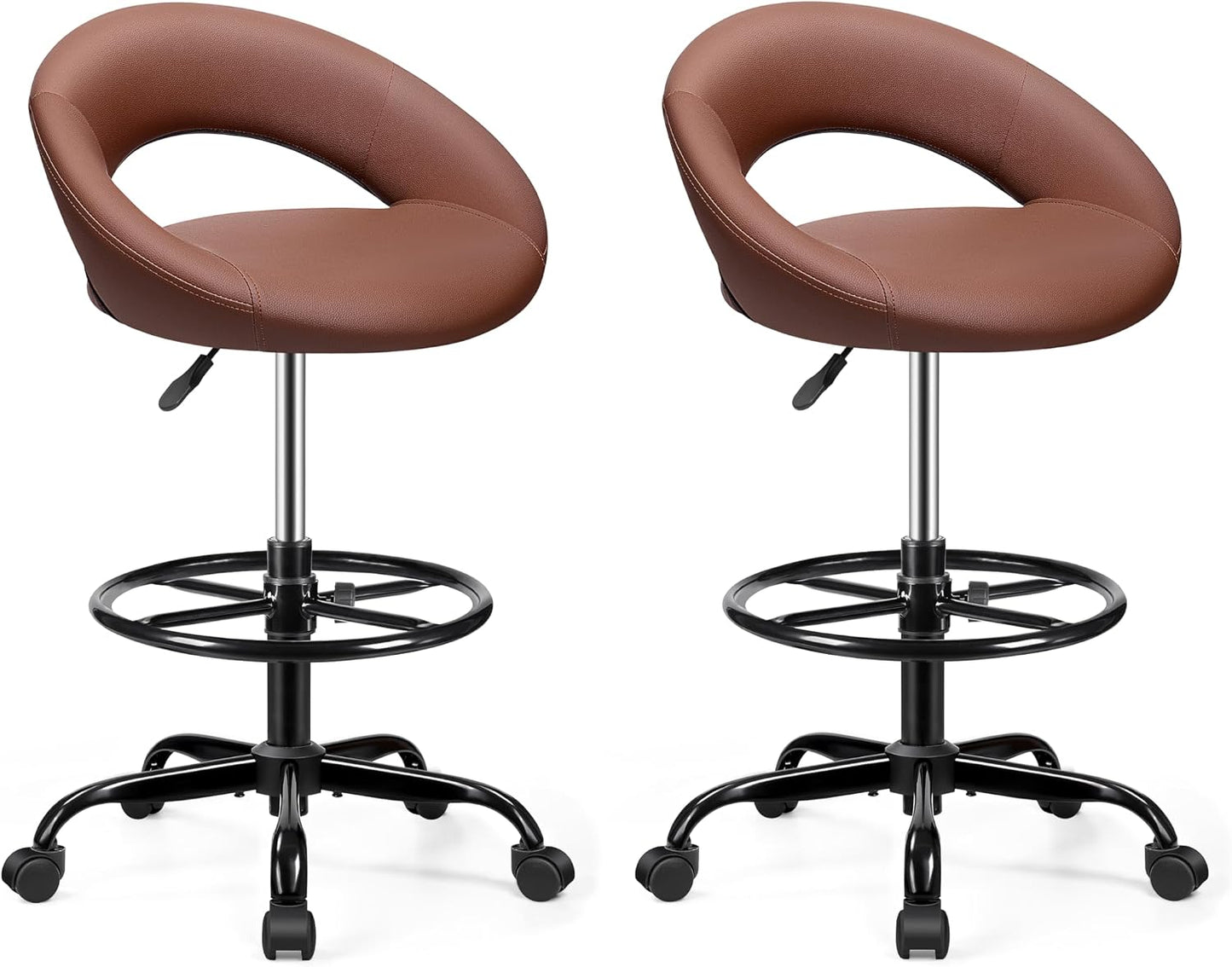 Adjustable Drafting Chair Black Faux Leather Swivel Counter Stool with Wheels