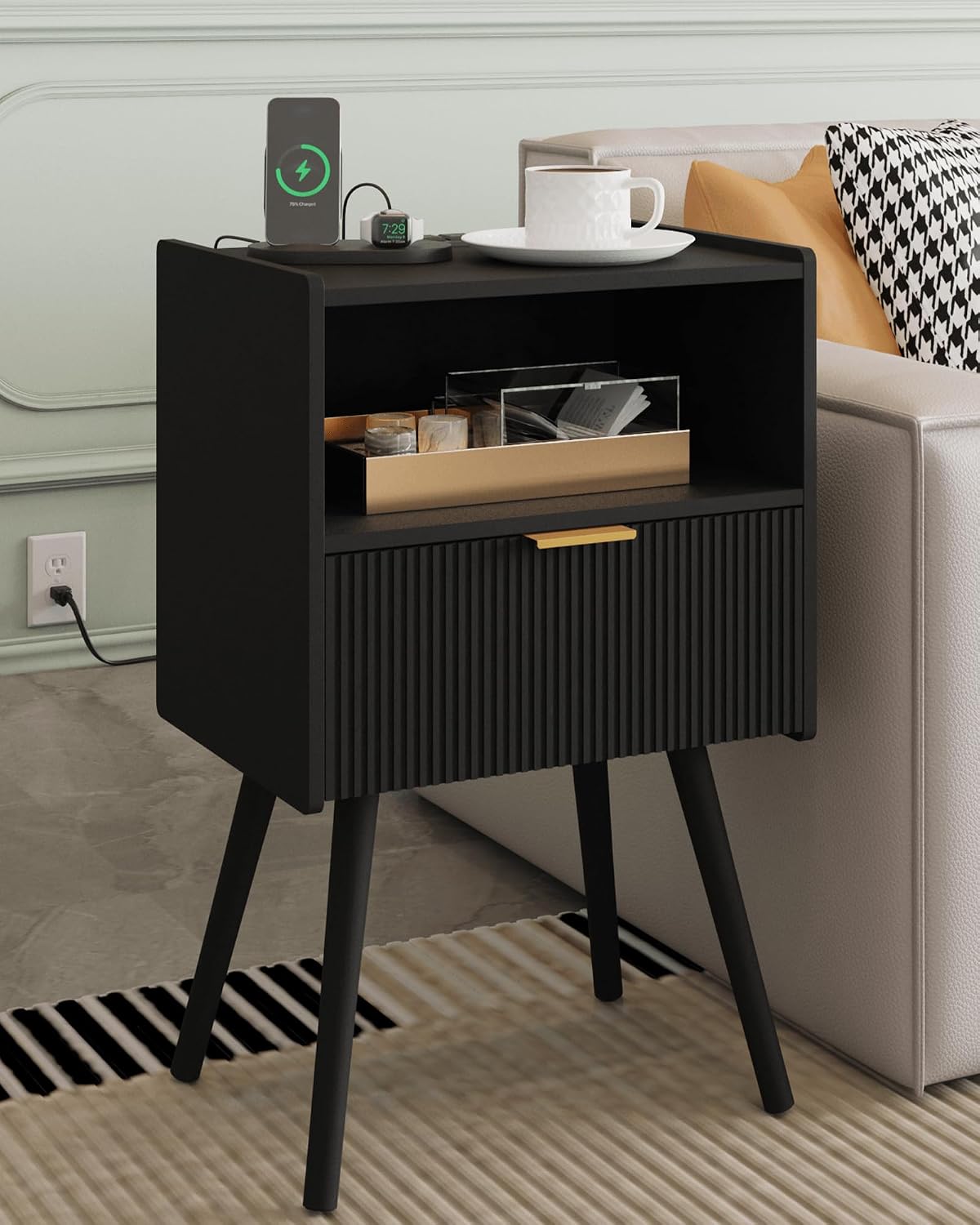 Modern Walnut Brown Fluted Nightstand with Drawer & Open Shelf