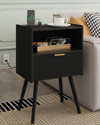 Modern Walnut Brown Fluted Nightstand with Drawer & Open Shelf