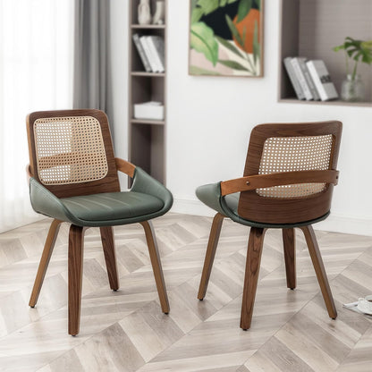 Walnut Rattan Dining Chair with Cane Back Black Upholstered Seat and Arms