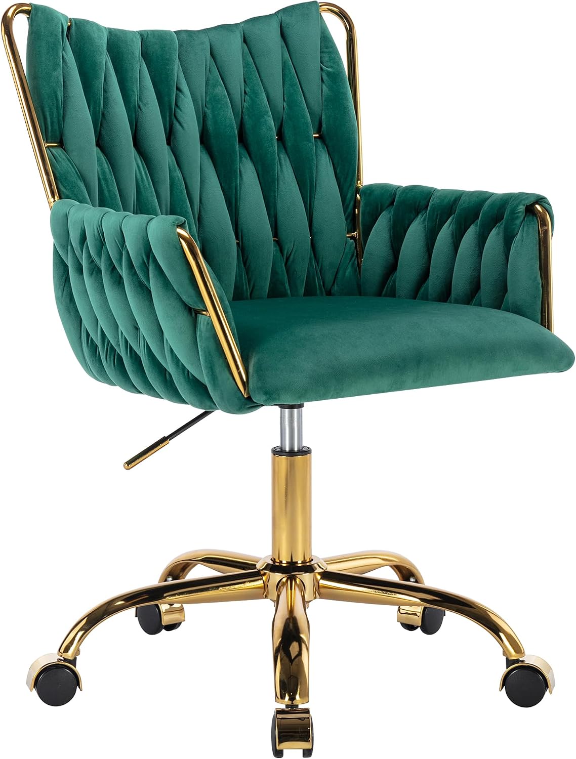 Black Velvet Swivel Desk Chair Hand Woven High Back Gold Base Adjustable Height