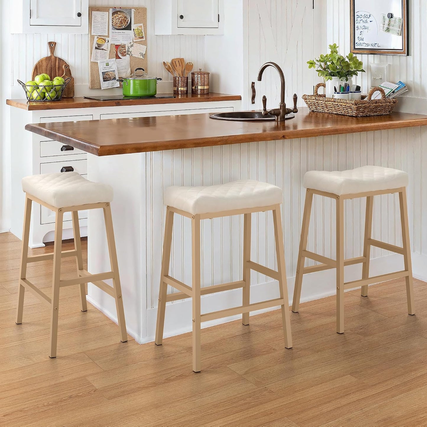 24 Inch Counter Height Bar Stools Set of 3 Brown Saddle Seats Black Metal Frame