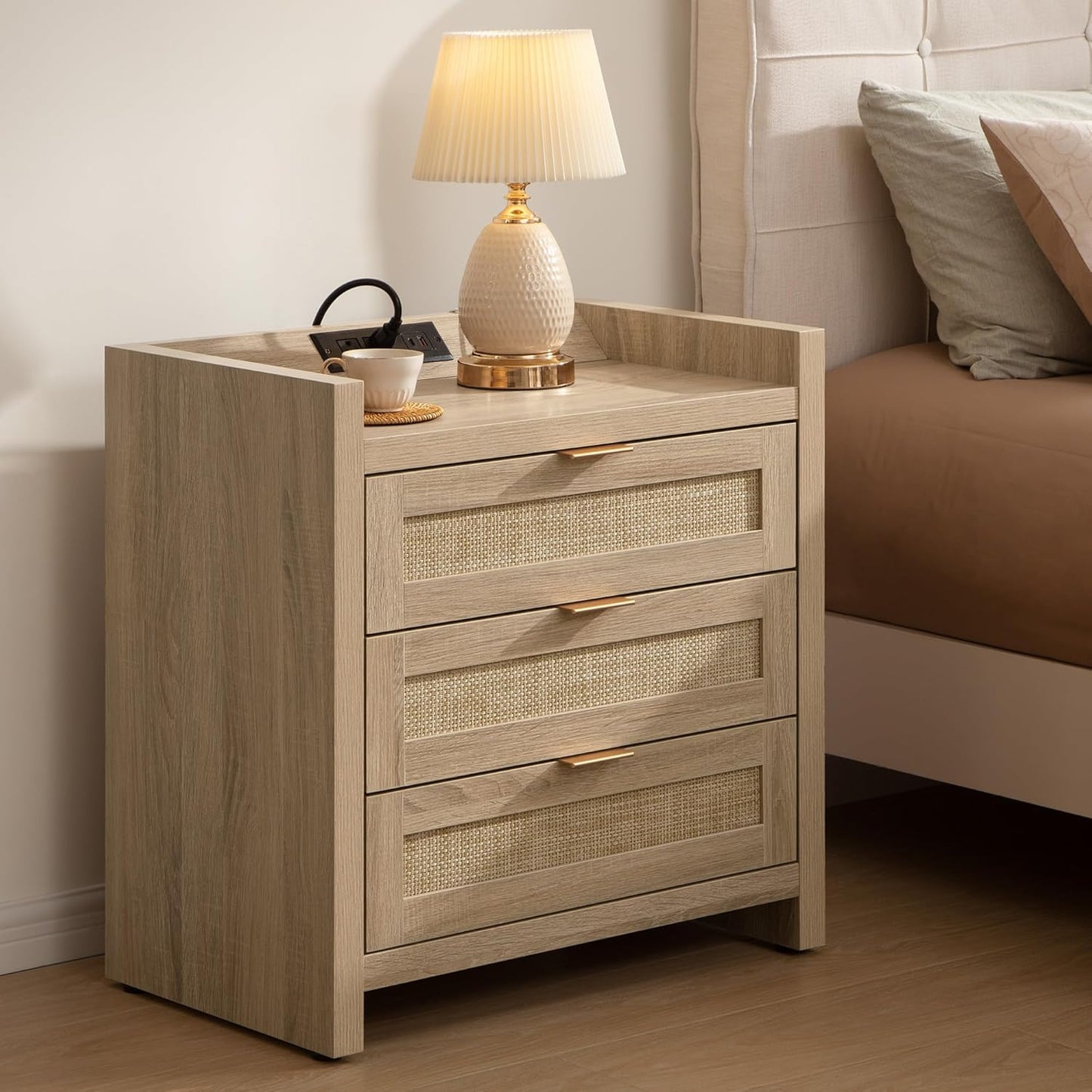 Rattan Nightstand with 3 Drawers Charging Station Farmhouse Bedside Table