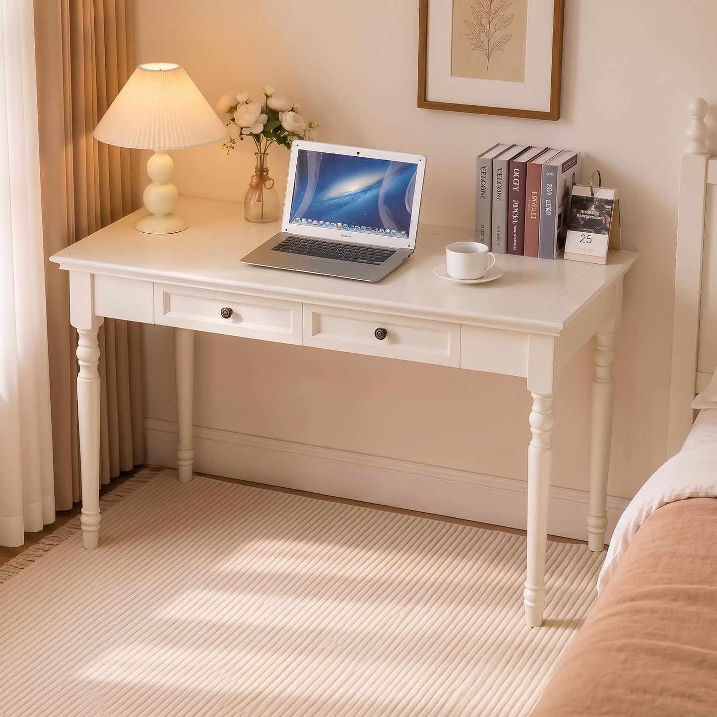 French Country Solid Wood Writing Desk with 2 Drawers Beige Farmhouse Table